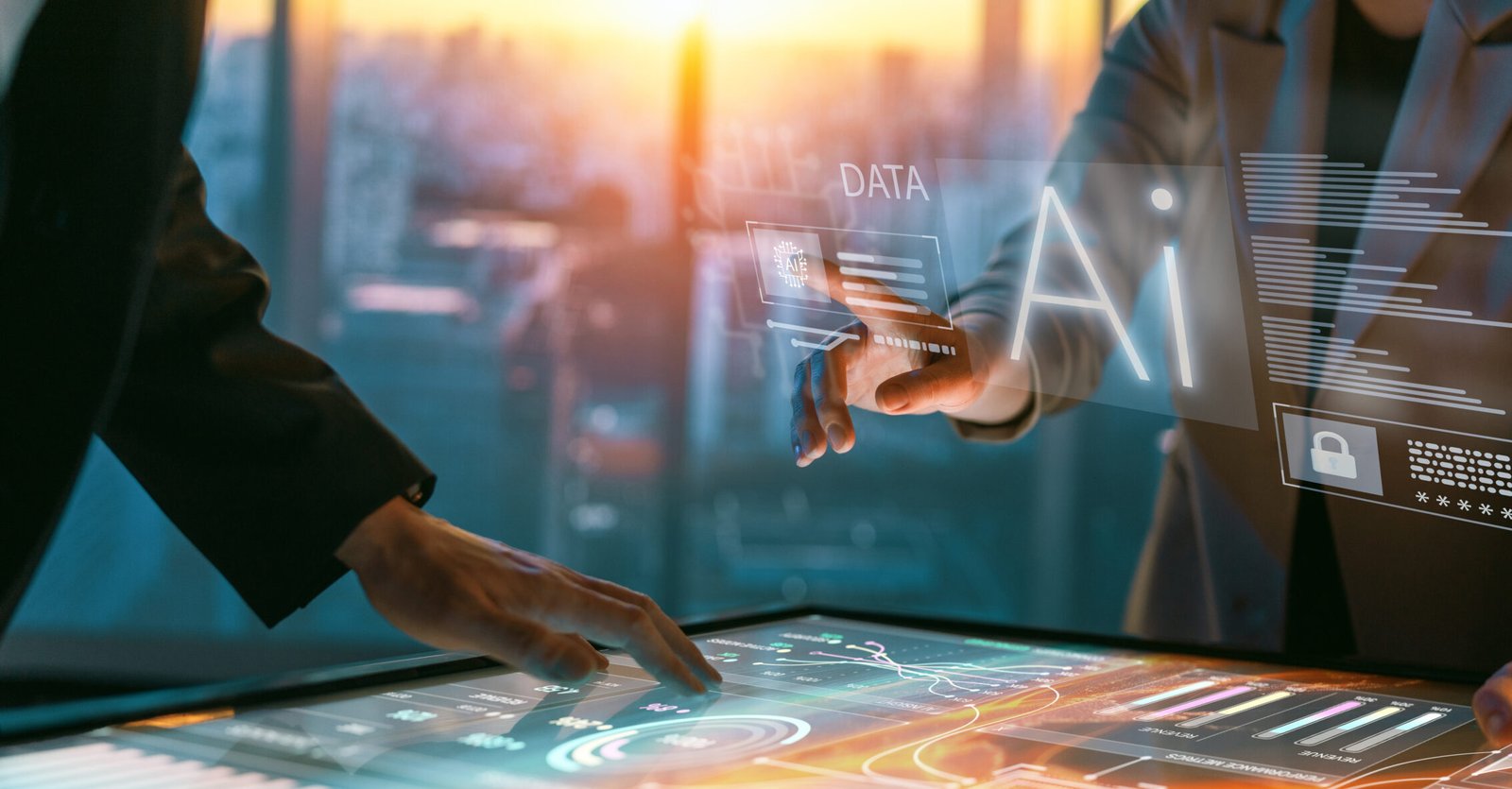 business professionals collaborating on futuristic ai touchscree