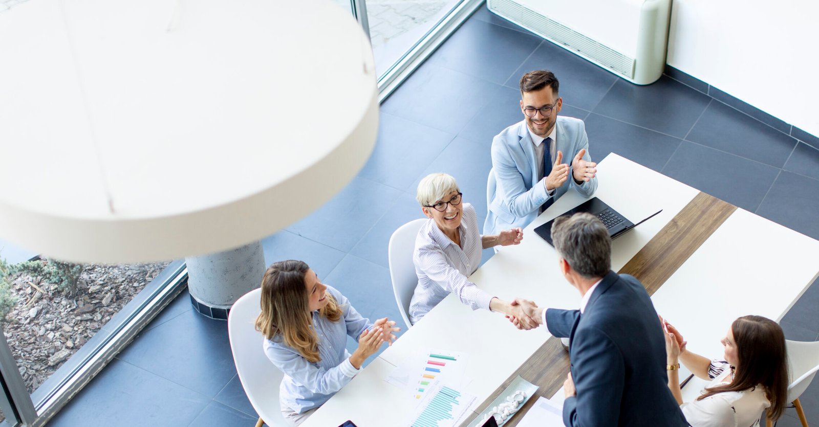 aerial view at group of business people working together and pre